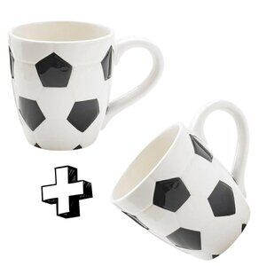 LOT of 2 Ceramic Soccer Ball Coffee Tea Mug with Handle, Black/White, 15 Oz